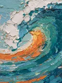 Abstract schilderij van een golf in teal en oranje