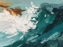 Schilderij van een brekende golf met wit schuim in turkoois water