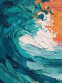 Abstract schilderij van een golf met wit schuim in teal en oranje