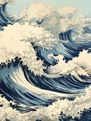 Close-up van een blauwe woeste oceaangolf met schuimkoppen.