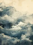 Grote turquoise oceaangolf in Japanse inktstijl.