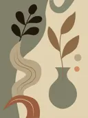 Abstracte illustratie met golvende vormen, een vaas en plantentakken
