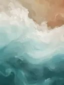 Abstract schilderij met golvende vormen in teal en terracotta