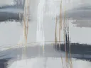 Abstract schilderij met golvende banen in goud en grijsblauw