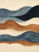Golvende banen in de stijl Textured Minimalism, in gedempt blauwgrijs, romige crème en terracotta, met een diepzwart accent