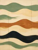Golvende banen in de stijl Textured Minimalism, in saliegroen, romige crème en terracotta, met een diepzwart accent