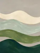 Golvende banen in de stijl Textured Minimalism, in bosgroen, mos en bleek celadon, met een zacht crèmewit accent