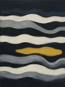 Golvende banen in de stijl Textured Minimalism, in grafiet, zilvergrijs en bleek been, met een mosterdgeel accent