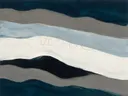 Golvende banen in de stijl Textured Minimalism, in steengrijs, bleek blauwgrijs en krijtwit, met een diepzwart accent