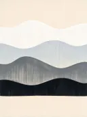 Golvende banen in de stijl Textured Minimalism, in steengrijs, bleek blauwgrijs en krijtwit, met een diepzwart accent