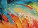 Abstract golvend schilderij in blauw en oranje