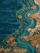 Abstracte close-up van blauw-groen golvend patroon met gouden spiraalvormige accenten.