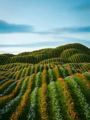 Heuvel met golvende rijen groene en oranje bloemen onder een blauwe lucht.
