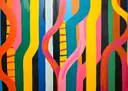 Abstract schilderij met golvende verticale strepen in roze, geel, groen en blauw