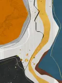 Abstract schilderij met golvende lagen in oranje en petrol