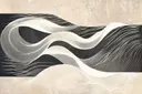 Abstract lijnenschilderij met kronkelende crèmekleurige lintgolven tegen zwarte en zandkleurige vlakken
