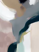 Abstract schilderij met golvende vlakken in roze en teal
