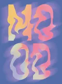 Abstract schilderij met golvende vormen in geel en roze op blauwe achtergrond