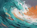 Schilderij van een grote golf in turkoois met oranje zonlicht