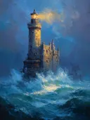 Schilderij van gotische vuurtoren tegen donkerblauwe nachtlucht