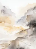 Abstract schilderij van grijze en gouden vloeivormen met fijne spatten.