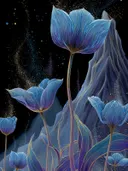 Schilderij van blauwe tulpen met gouden adertjes tegen een zwarte nachtelijke hemel