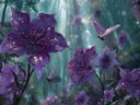 Schilderij van paarse bloemen met lichtgevende aders in een betoverd bos