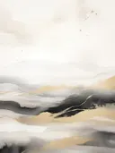 Abstract inktschilderij met grijze en zwarte vloeivormen doorregen met gouden lijnen.
