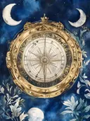 Gouden antiek astrolabium omringd door maanfases en bloemtakken op een diepblauwe achtergrond.