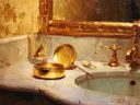 Schilderij van een gouden badkamerkraan met spiegel