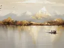 Gouden berglandschap schilderij met zeilboot