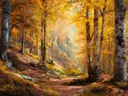 Schilderij van een gouden beukenbos met wandelpad