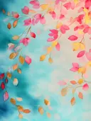 Roze en gouden bladeren aan hangende takken tegen een turquoise achtergrond