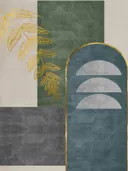 Abstract art deco schilderij met gouden bladtak en kleurvlakken