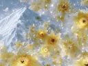 Schilderij van gouden bloemen naast een besneeuwde berg met fonkelende lichtjes