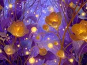 Schilderij van gouden bloesems in een paars verlicht bos
