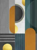 Art-deco-schilderij met gouden bogen en manen in oranje en blauw