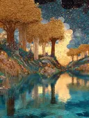 Gouden bomen aan een meer met reflectie, onder een swirlende blauwe avondlucht