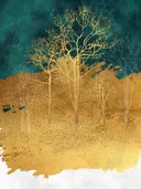 Landschapsschilderij met gouden bomen tegen een teal nachtlucht