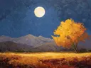 Gouden boom onder de volle maan, landschap schilderij