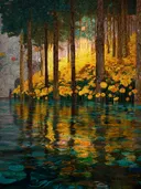 Schilderij van een bos met hoge boomstammen, gele rozen en een weerspiegeling in donker water