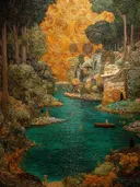 Schilderij van een rivier door een bos met figuren op de oever en een gouden wolkenlucht