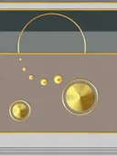 Art deco schilderij met gouden cirkels op taupe kleurbanden