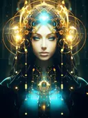 Futuristisch portret van vrouw met gouden hoofdtooi