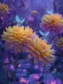 Schilderij van gouden dahlia's met lichtgevende libellen bij een vijver