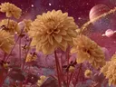 Schilderij van gouden dahlia's tegen een sterrenhemel met planeten
