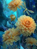 Gouden dahlia's in het maanlicht, botanisch schilderij