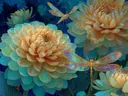 Schilderij van gouden dahlia's met een libelle tegen een donkerblauwe achtergrond