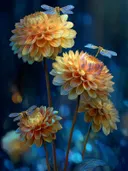 Schilderij van gouden dahlia's met libellen in het maanlicht