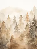 Waterverf schilderij van een dennenwoud dat oplicht in gouden ochtendzon.